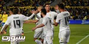 Real Madrid's players celebrate after scoring during the Spanish league football match UD Las Palmas vs Real Madrid CF at the Gran Canaria stadium in Las Palmas de Gran Canaria on March 13, 2016. / AFP / DESIREE MARTIN        (Photo credit should read DESIREE MARTIN/AFP/Getty Images)