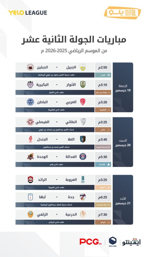 مواجهات تشعل المنافسة.. انطلاق الجولة 12 من دوري يلو الجمعة