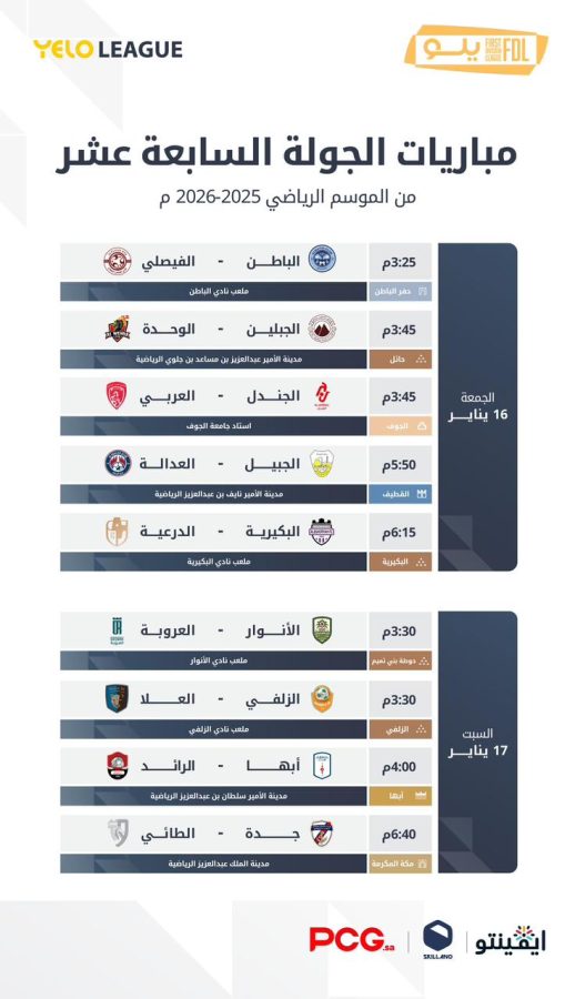 “قمة الوصافة” ومهمة صعبة للمتصدر.. الجولة 17 من دوري يلو تنطلق الجمعة