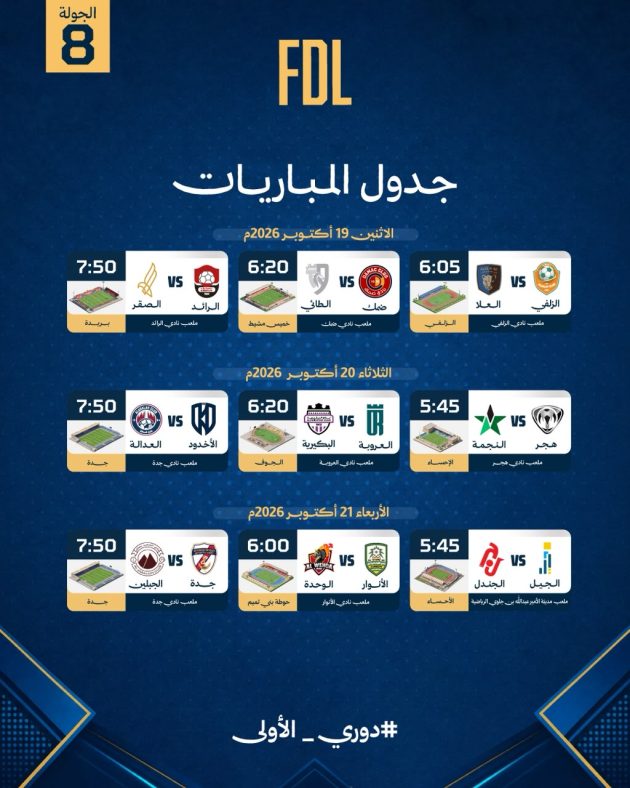 مباراة القمة وديربي في بريدة يشعلان الجولة الثامنة من دوري الأولى