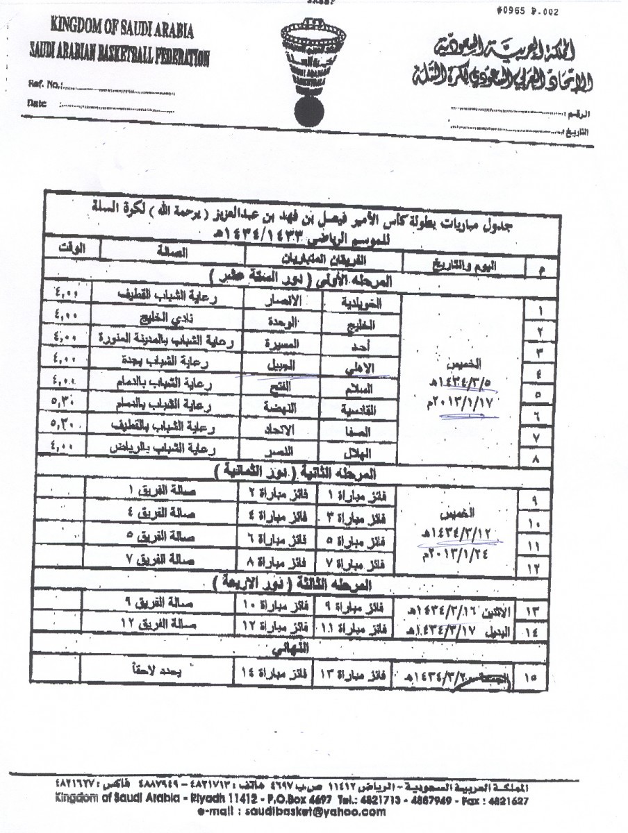 جدول بطولة كأس الأمير فيصل بن فهد لكرة السلة