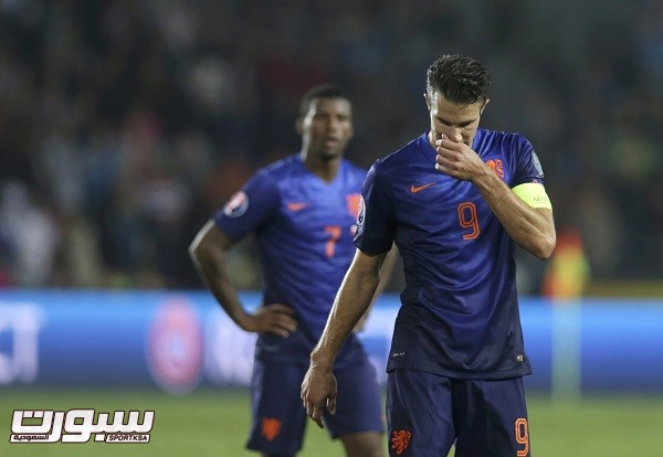 Robin van Persie of the Netherlands reacts after the Euro 2016 qualifying soccer match against the Czech Republic in Prague